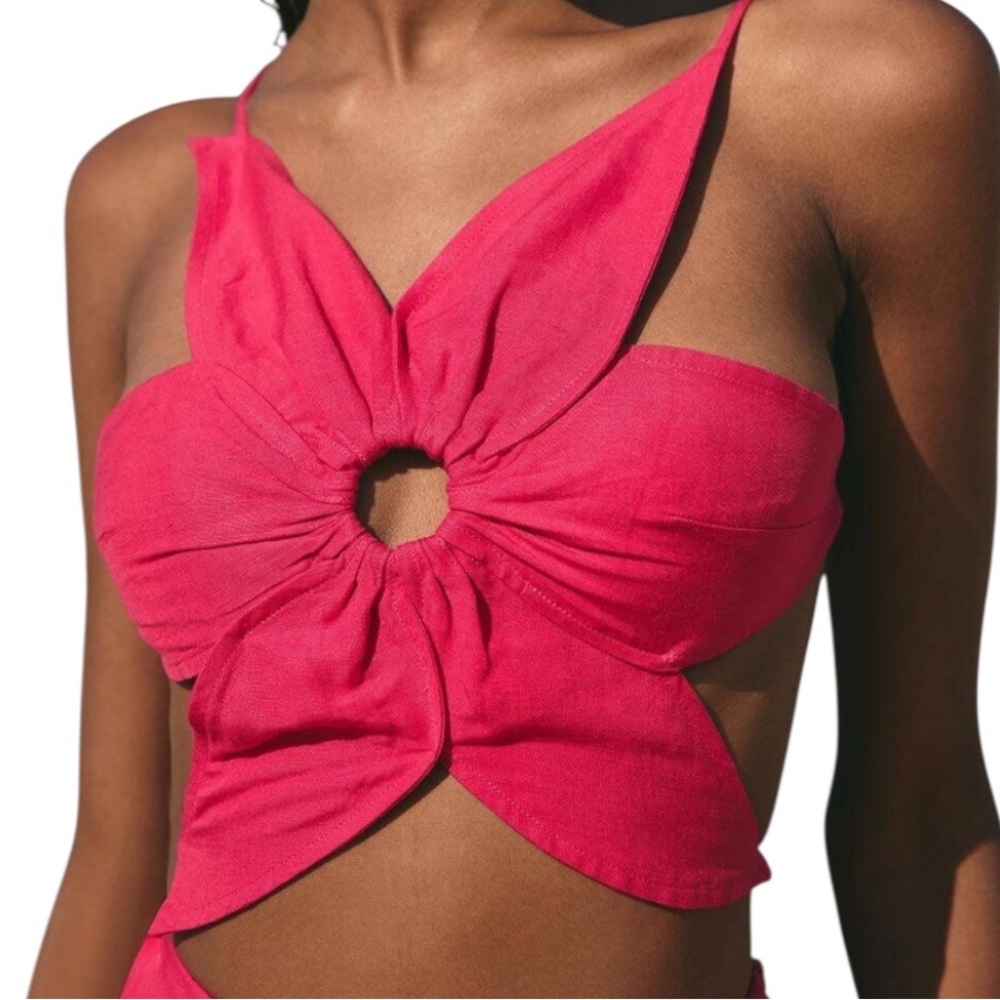 Flower five petal top adjustable straps tie back carnelian red one size